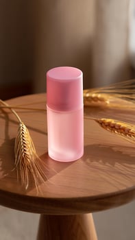 Elegant pink cosmetic bottle and wheat ears on a wooden table capturing natural beauty product concept photo
