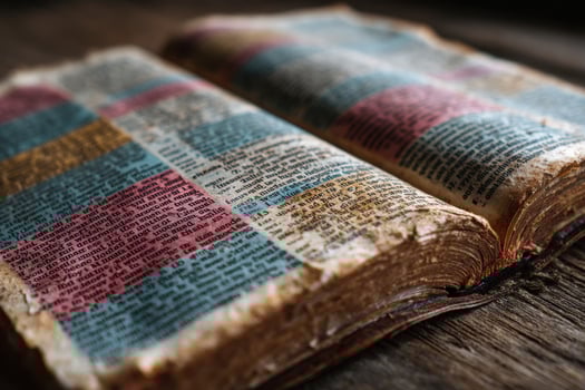 An old bible sitting on a wooden table photo