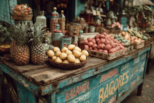 A fruit stand with pineapples, bananas and other fruits photo
