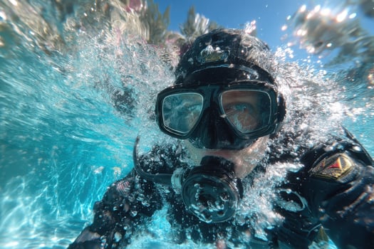 A scuba diver in the water with his mask on photo