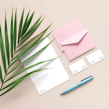 Elegant Stationery Mockup with Palm Leaf and Blue Pen for Branding Presentation and Marketing Materials Creation photo