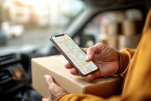 Delivery man holding smartphone in car with parcel box photo