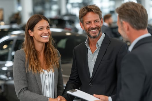 A man and woman in a car dealership shaking hands photo
