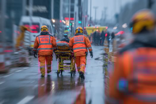 Ambulance workers with stretcher on the street photo
