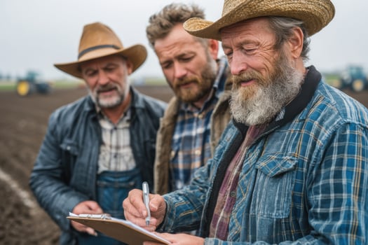 Three farmers standing in a field with a clipboard photo