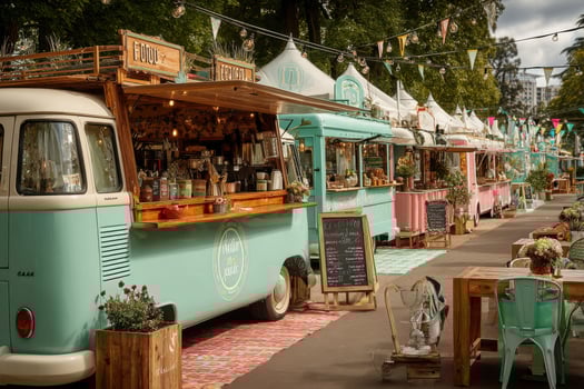 A food truck is parked in front of a building photo