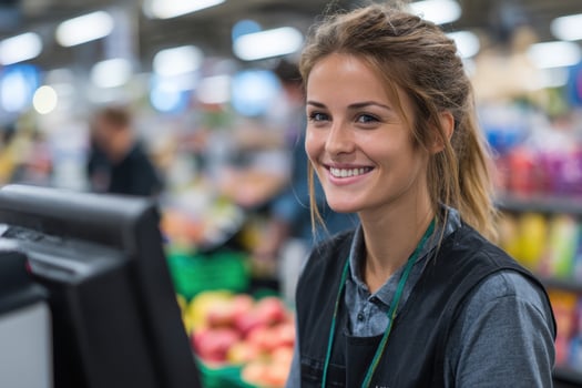 A smiling woman in a supermarket checkout line photo