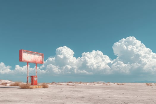 A desert with a gas pump and a sign photo