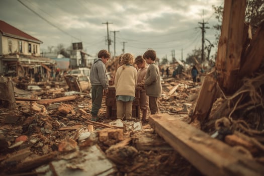 Three children stand in the rubble of a destroyed neighborhood photo