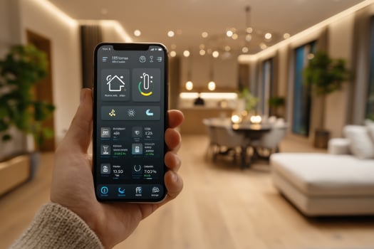 A person holding a smart phone in a living room with a smart home app photo