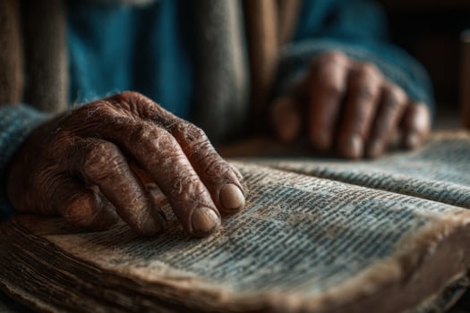 An old man's hands are on an old book photo