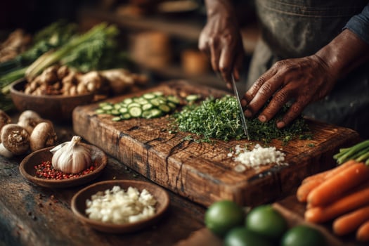 A man is chopping vegetables on a cutting board photo