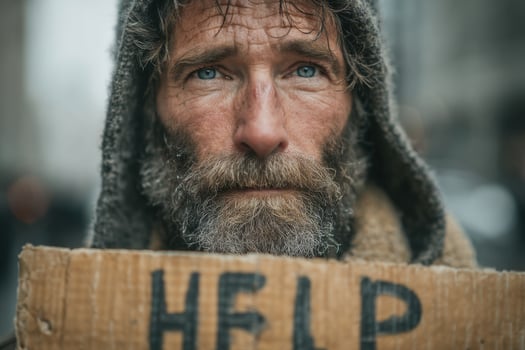A homeless man holding a sign that says help photo