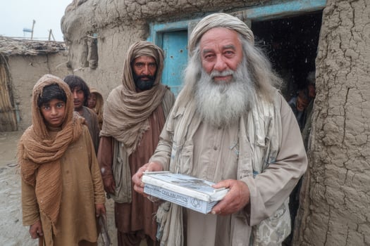 An elderly man with a long beard and a long beard is holding a box photo