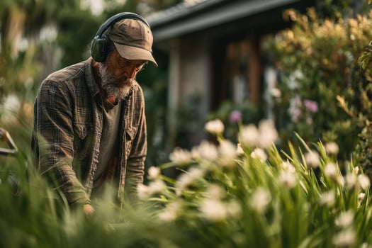 A man wearing headphones is cutting grass in a garden photo