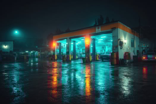 A gas station at night with a car parked in front photo