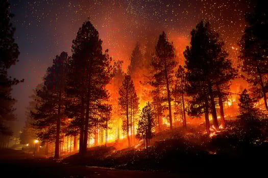 A forest fire is burning in the night photo