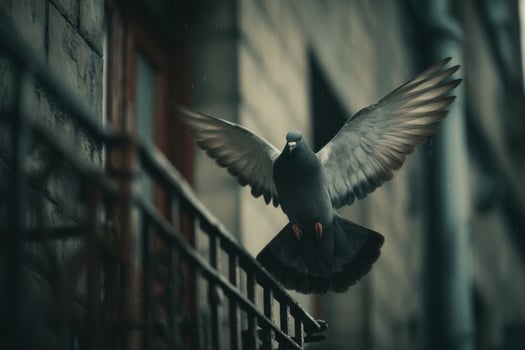 A pigeon is flying over a railing photo