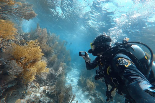 A scuba diver taking a photo of a coral reef