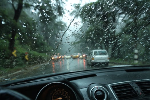 A car driving down a wet road with rain falling photo