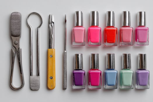 Nail polish and nail tools on a white surface photo