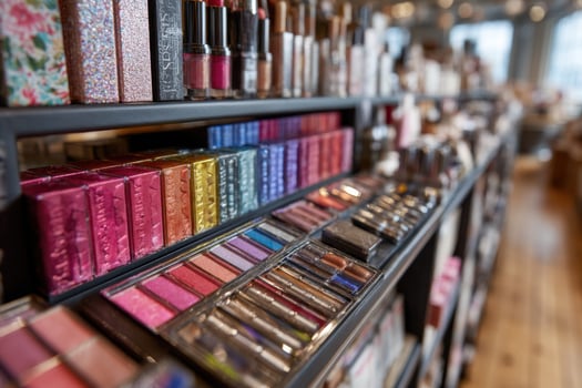 A shelf full of makeup products in a store photo