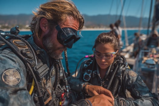 Two people in scuba gear on a boat photo
