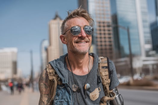 A man with tattoos and sunglasses on walks down the street photo