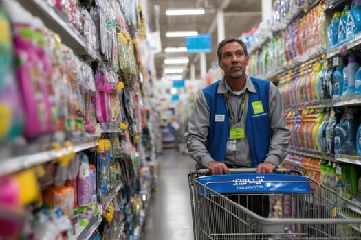 A man in a blue shirt is pushing a shopping cart photo