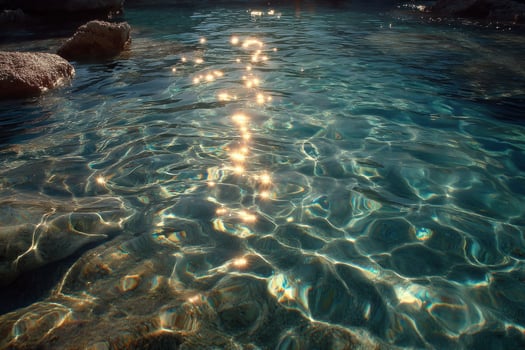 A clear blue water with sunlight shining through it photo