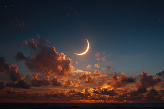 The moon and crescent are seen in the sky over the ocean photo