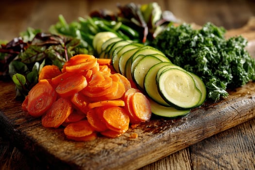 A wooden cutting board with sliced carrots, zucchini, and kale photo