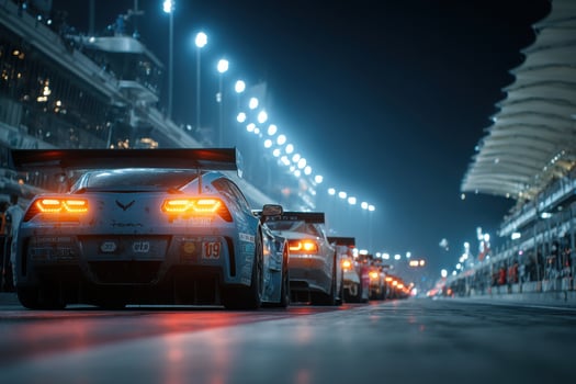 Corvette racing cars at night on a race track photo