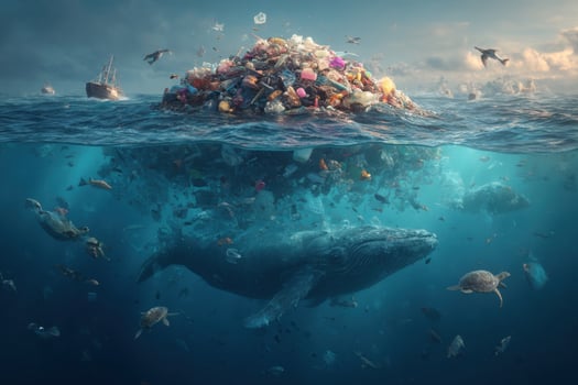 A whale is floating in the ocean with trash photo