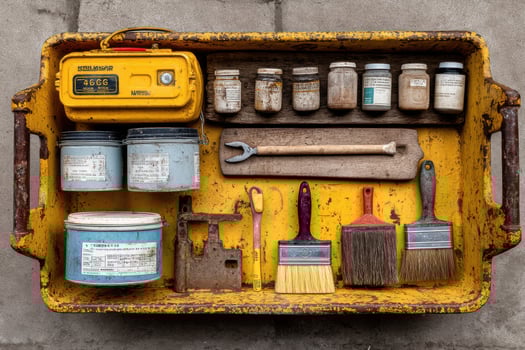 A yellow box with paint, brushes, and other tools photo