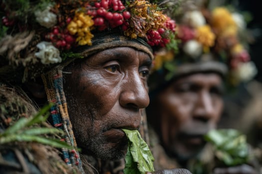 Two men wearing headdresses and holding leaves photo
