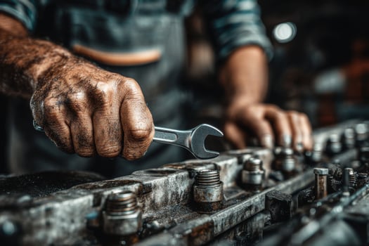A man is holding a wrench on a machine photo