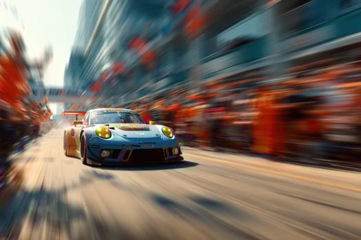 A racing car driving down a street with people in the background photo
