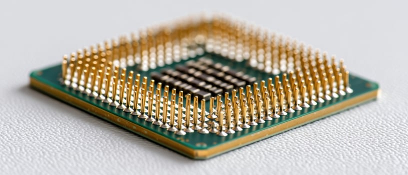 The advanced microchip showcasing intricate design and golden connectors. photo