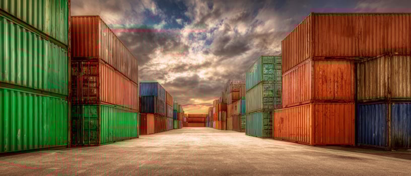 The colorful shipping containers stacked in an industrial setting at sunset. photo