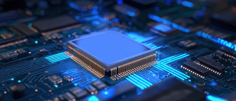 The microprocessor on a modern circuit board illuminated with blue light. photo