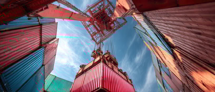 The industrial view of a crane surrounded by colorful shipping containers. photo
