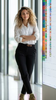Confident female data analyst in front of a futuristic dashboard with colorful data blocks in modern high-tech office. Data scientist photo