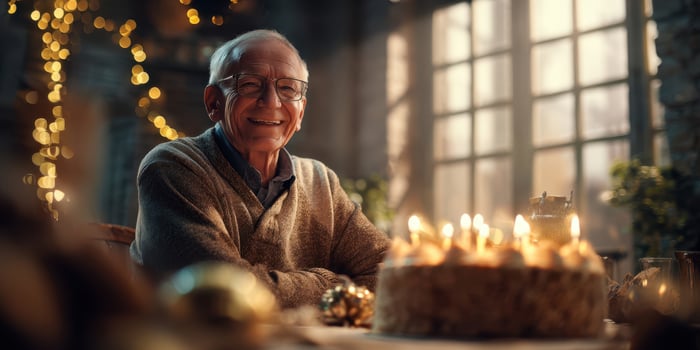 The elderly man smiling warmly at his birthday cake surrounded by festive decorations. photo
