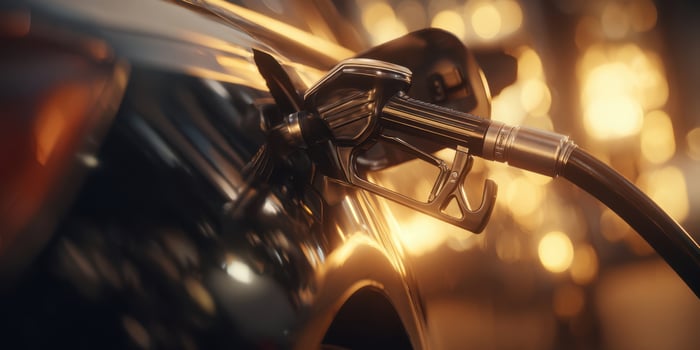 The gas nozzle refueling a modern vehicle in a sunset-lit atmosphere. photo