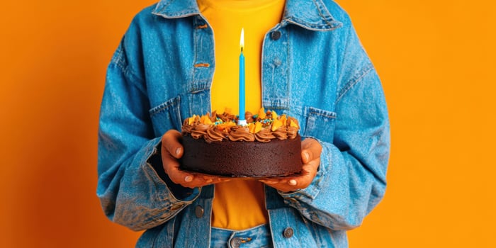 The delicious chocolate cake adorned with a birthday candle on a colorful background. photo