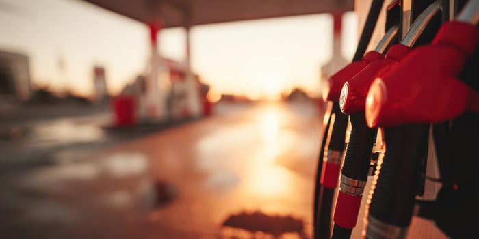 The close-up of gas pumps at a station during a stunning sunset. photo