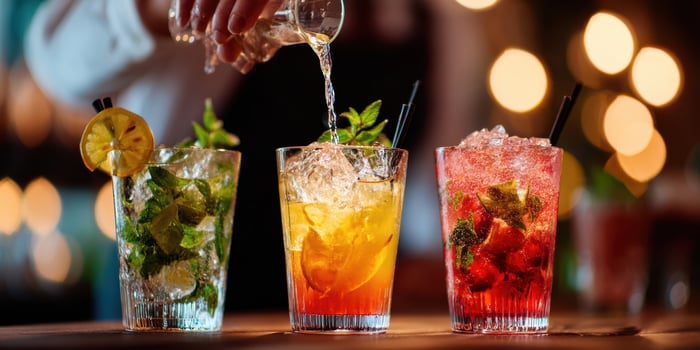 The bartender pouring refreshing cocktails into vibrant glasses at a bar. photo