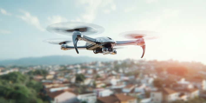 The drone soaring above a picturesque urban landscape during sunset. photo