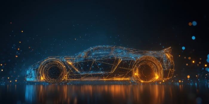 The futuristic car design illuminated by neon lights in a digital landscape. photo